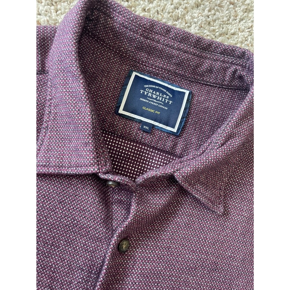 Charles Tyrwhitt Button Down Shirt Mens XXL Burgundy Classic Fit Cotton Textured - Picture 7 of 8